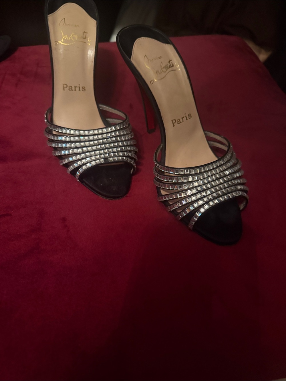 Christian Louboutin Black and Silver Crystal-Strap Open-Toe Heels